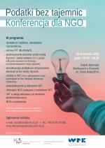 Plakat promujący konferencję NGO  - podatki bez tajemnic, na plakacie program konferencji