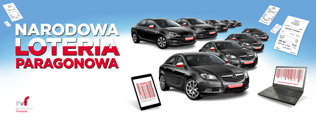 Baner graficzny na którym widnieje po lewej jego stronie napis Narodowa Loteria Paragonowa oraz widoczne są paragony i logo Ministerstwa Finansów. Po prawej zauważyć można paragony, samochody, Thinkpad oraz iPad Air 2
