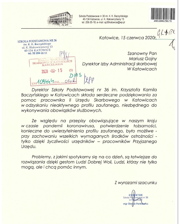 podziękowanie przekazane dla pracowników urzędu przez Dyrektora Szkoły Podstawowej nr 36 w Katowicach