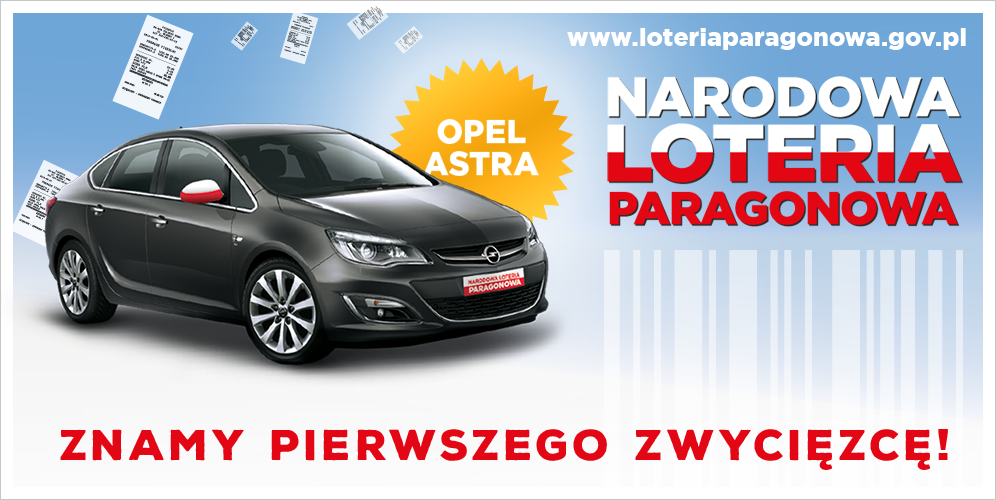 Grafika Opla Astra i biało-czerwony napis "Narodowa Loteria Paragonowa"