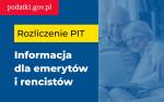 Dwie osoby przy komputerze, obok napisy: podatki.gov.pl. Rozliczenie PIT. Informacja dla emerytów i rencistów.