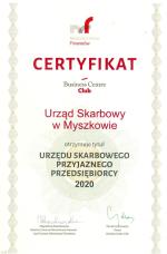 Certyfikat BCC nadaje w 2020 r. Urzędowi Skarbowemu w Myszkowie tytuł „Urzędu Skarbowego Przyjaznemu Przedsiębiorcy