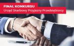 Uścisk dłoni i napis Finał konkursu Urząd Skarbowy Przyjazny Przedsiębiorcy.