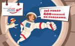 astronauta z psem w rakiecie, z hasłem promującym Finansoaktywnych