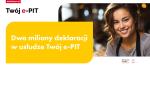 Baner informacyjny: Uśmiechnięta kobieta. Dwa miliony deklaracji w usłudze Twój e-PIT. Logo podatki.gov.pl i Twój e-PIT