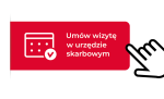 Grafika na czerwonym tle napis Umów wizytę w urzędzie skarbowym 
