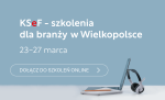 KSeF - szkolenia dla branży w Wielkopolsce; 23-27 marca; dołącz do spotkań online. W tle grafika z laptopem, notesem i słuchawkami