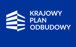 Biały napis Krajowy Plan Odbudowy na granatowym tle