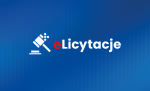 na niebieskim tle biały młotek licytacyjny za nim czerwono biały napis eLicytacje   