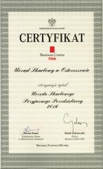 Skan certyfikatu potwierdzającego uzyskanie tytułu Urzędu Skarbowego Przyjaznego Przedsiębiorcy 2016 przez Urząd Skarbowy w Ostrzeszowie.