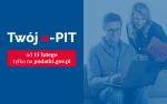 Uśmiechnięty mężczyzna i kobieta z teczką na której jest napis PIT-y patrzą na laptop. Obok napis Twój e-PIT od 15 lutego tylko na podatki.gov.pl
