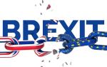 Napis Brexit i pęknięty łańcuch w kolorach flag Wielkiej Brytanii i Unii Europejskiej