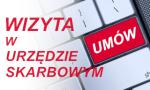 Klawiatura z czerwonym przyciskiem z napisem: umów. Obok napis: wizyta w urzędzie skarbowym